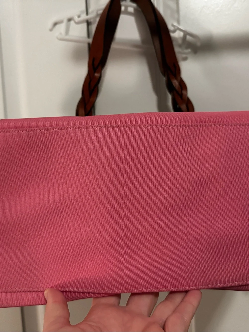 Dooney & Bourke Striped Canvas Tote with Pink Accent and Brown Leather Handles